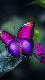 Vivid purple butterfly resting on leaf beside pink flowers.