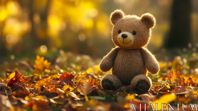 Smiling teddy bear rests in warm golden autumn forest light