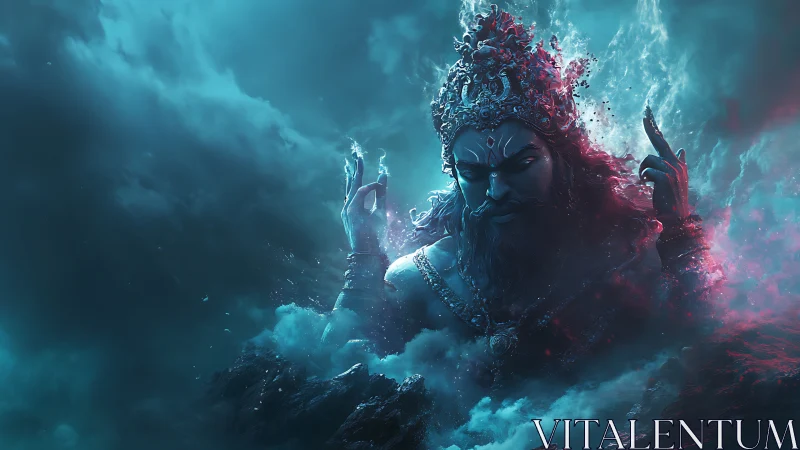 Mythic sea deity rises in glowing stormlit cosmic waves