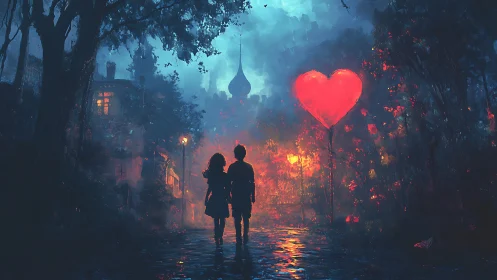 Urban Couple Beneath Glowing Heart in Dystopian Cityscape.
