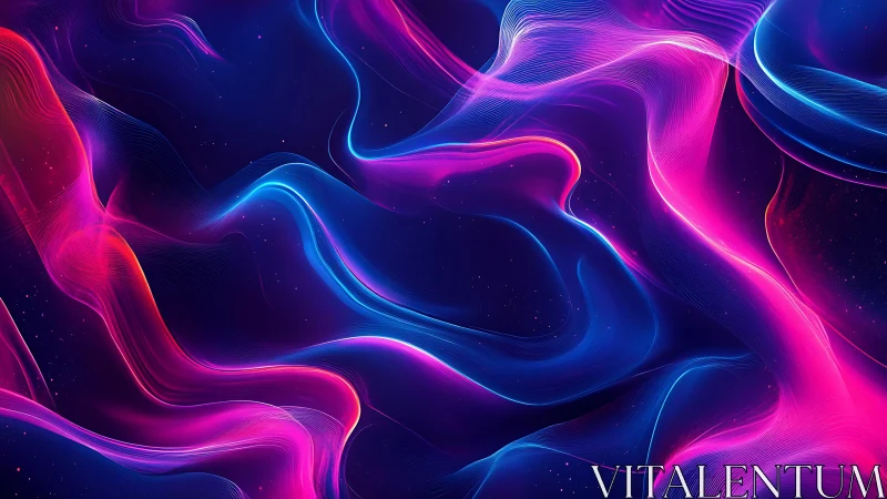 Neon pink and blue flowing waves on dark abstract background.