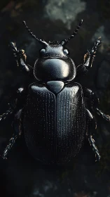Macro black beetle study with glossy carapace texture.