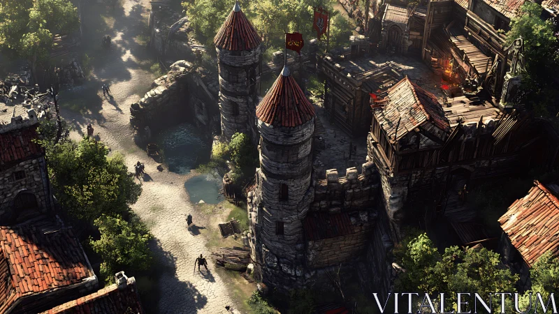 Sunlit medieval stronghold hums with wandering adventurers.