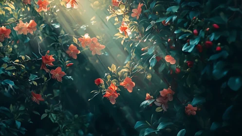 Golden Sunlight Filtering Through Blooming Coral Flowers