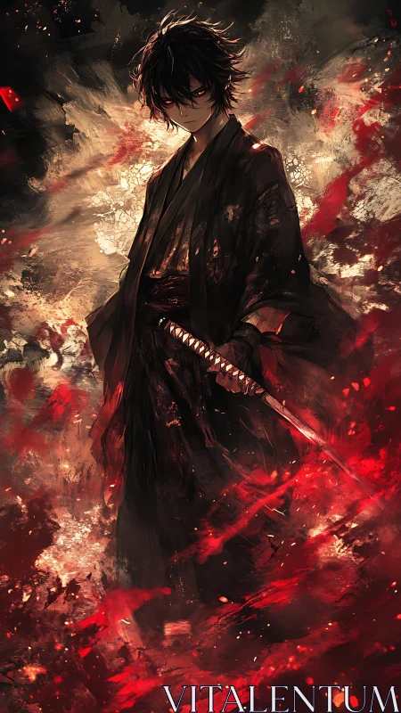 Volumetric crimson turbulence around solitary dark samurai.