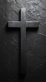 Textured black wooden cross on rough dark stone backdrop