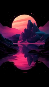 Neon alien mountains rise under a giant glowing planet.