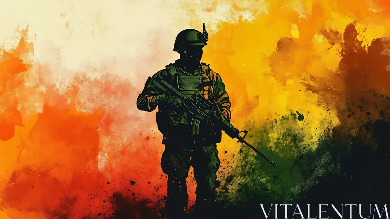 Soldier silhouette dominates explosive abstract war colors.