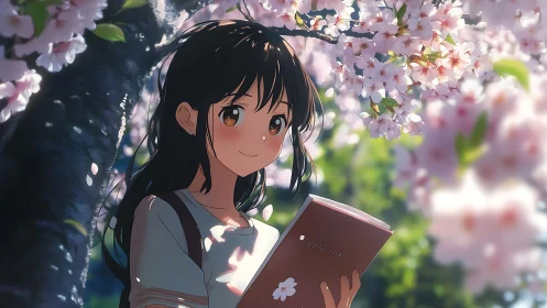 Blossom-bright reader drifts through petals and quiet light