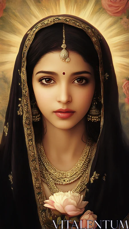 Portrait of woman in ornate veil with floral accent.