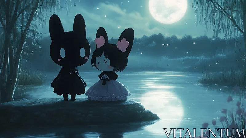 Moonlit bunny friends sharing a quiet riverside secret.