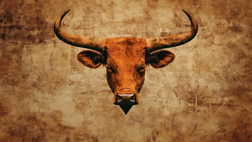 Horned desert guardian stares out from weathered adobe wall.