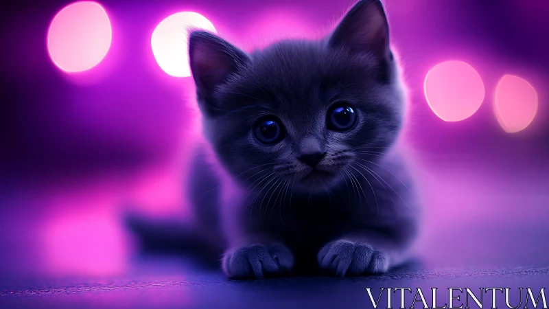 Black Kitten With Blue Eyes in Neon Purple Lighting