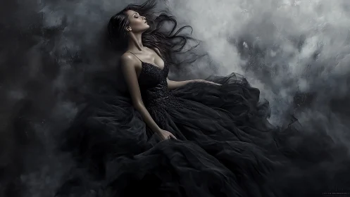 Elegant woman in black gown reclines in moody swirling mist