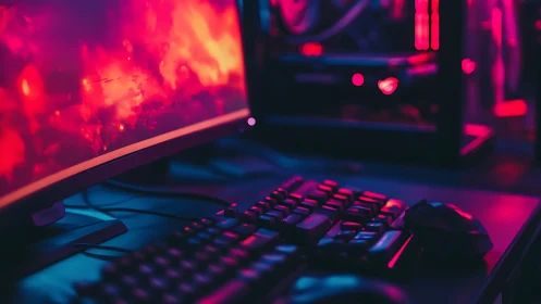 Neon-soaked gaming battlestation under electric magenta glow.