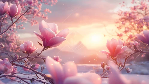 Soft dawn magnolia blossoms in glowing pastel light.