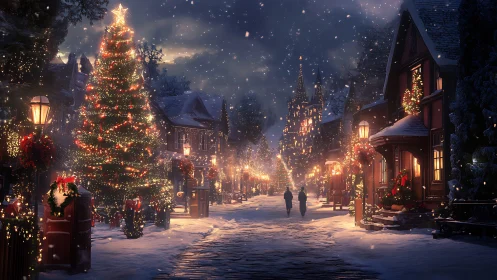 Snowy Christmas village street with lights and large tree.