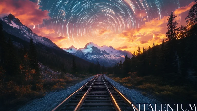 Railroad leads toward snow mountains under spiral star trails