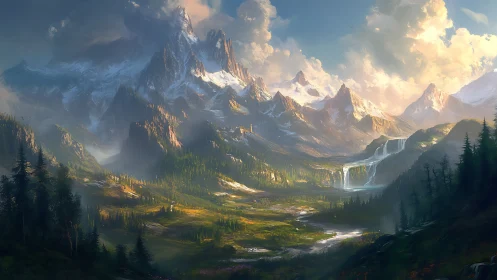 Sunlit alpine valley with towering peaks and cascades.