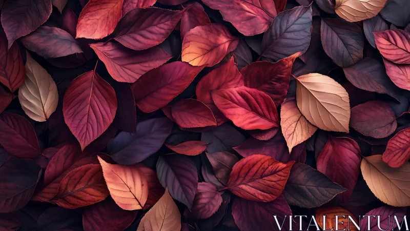 Crimson and copper autumn leaves layered in soft light.