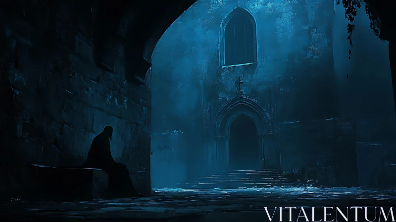 Lonely hooded figure outside dark blue gothic church at night.