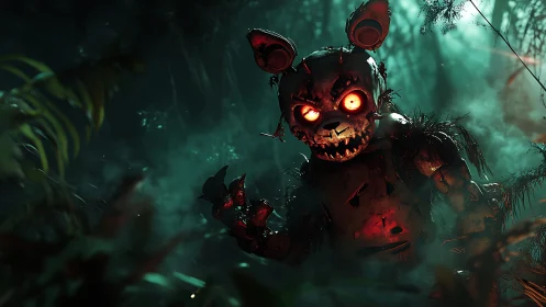 Glowing-eyed robot bunny prowls through a misty, haunted forest