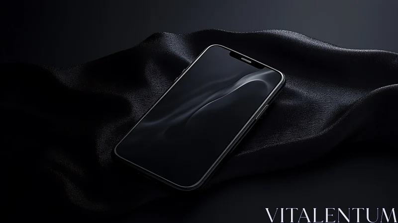 Black smartphone rests on satin fabric under moody lighting.