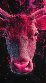 Vivid pink cow portrait framed by swirling digital smoke.