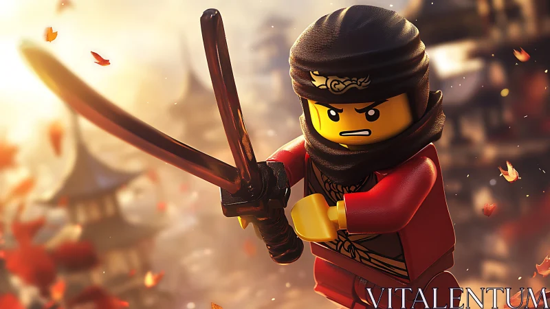 Plastic warrior lunges through autumn light with twin blades