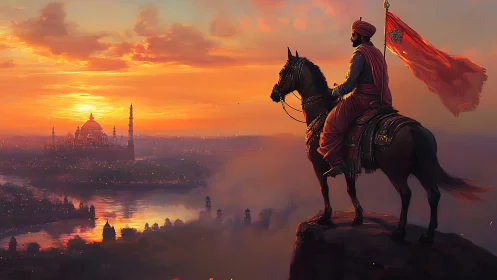 Mounted warrior surveys imperial city under radiant sunset