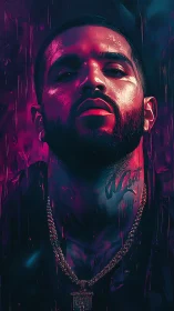 Neon-lit portrait of bearded man with chain and tattoo