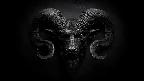 Dark ram skull sculpture with dramatic curled horns.