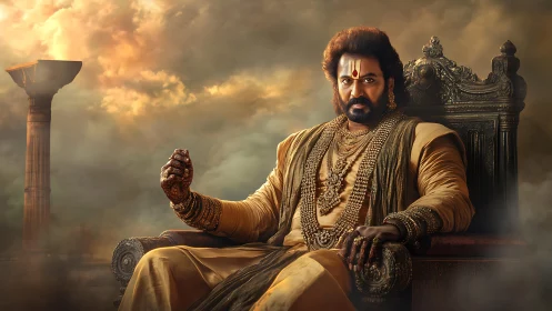 Regal warrior king on ornate throne amid stormlit sky