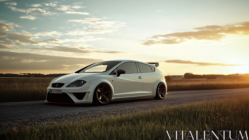 Lowered white hot hatch on rural road at golden hour sunset