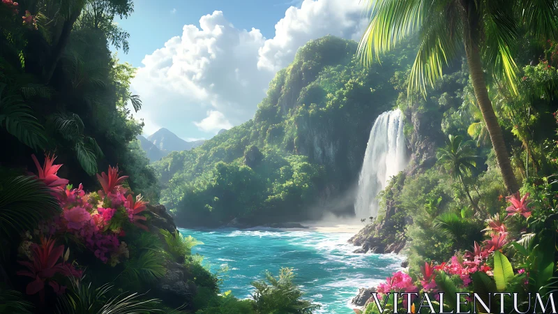 Tropical waterfall cove glows under soft midday sunlight