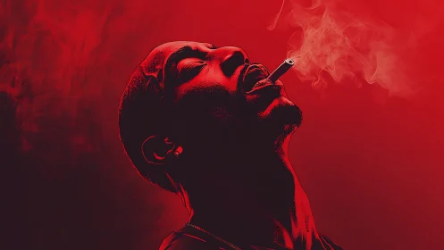 Man smoking in red minimalist portrait with rising smoke.