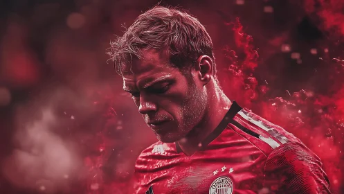 Focused football player in passionate red stadium glow.