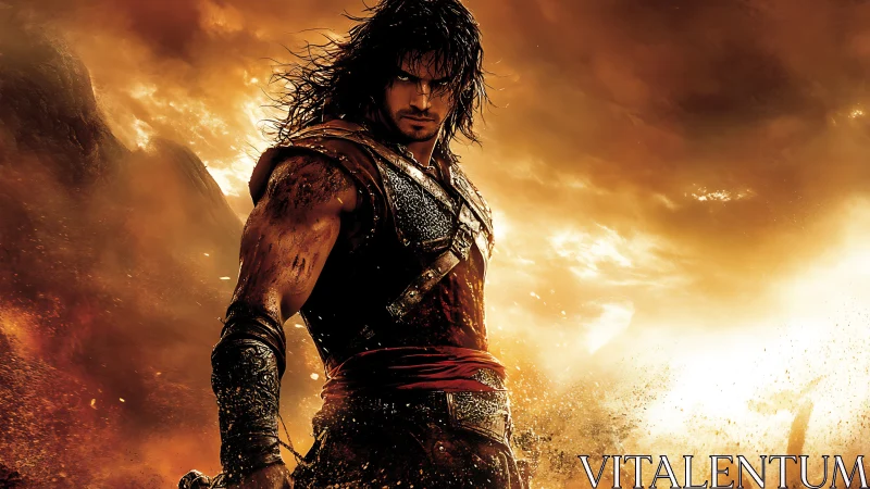 Armored warrior in desert storm with intense orange sky.