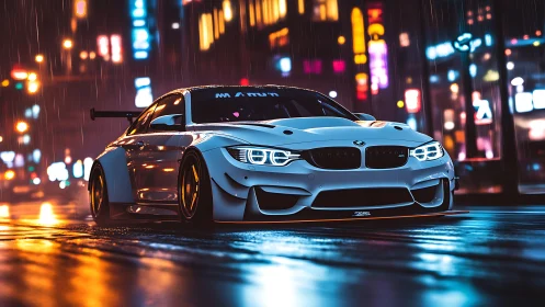 White tuned sports car on wet neon city street at night.