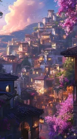 Terraced twilight hillside city with luminous lantern grids.