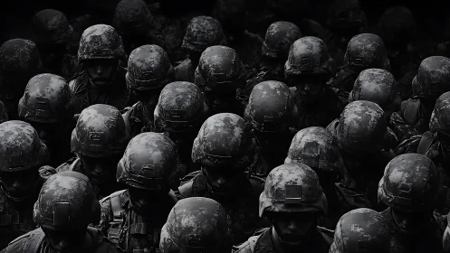 Monochrome military formation in dense overhead compression.