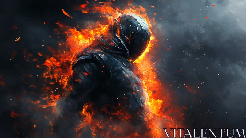 Armored humanoid figure engulfed in intense surrounding fire.