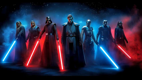 Cinematic lineup of armored warriors with glowing energy swords