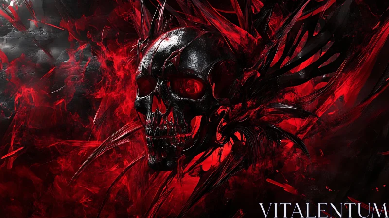 Crimson storm skull rising from shadows and swirling flame.