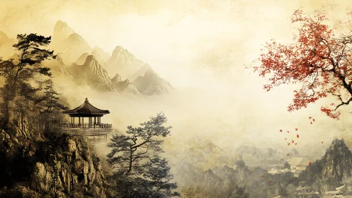 Mountain temple balcony overlooks misty valley at sunrise.