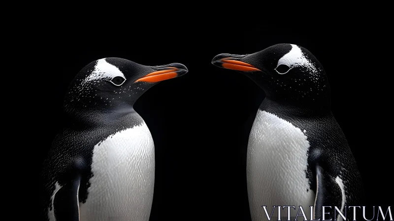 Two gentoo penguins facing each other on a black background, high detail.