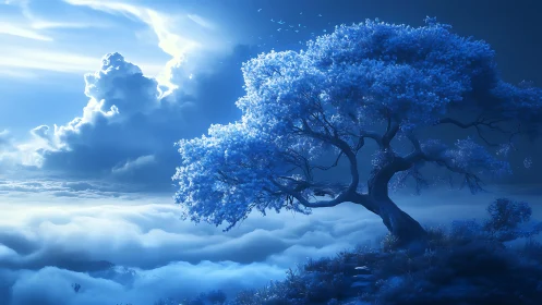 Moonlit blue tree rises above a luminous ocean of clouds