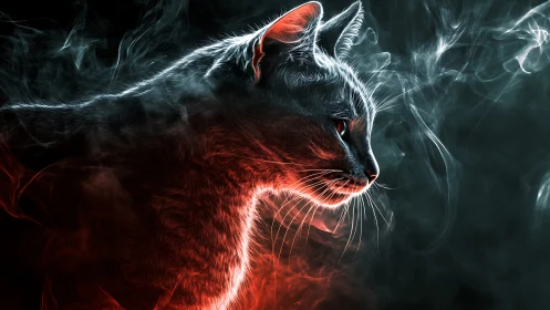 Luminous feline profile glows through swirling red smoke