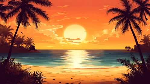 Sunset illuminates tropical shoreline with silhouetted palms