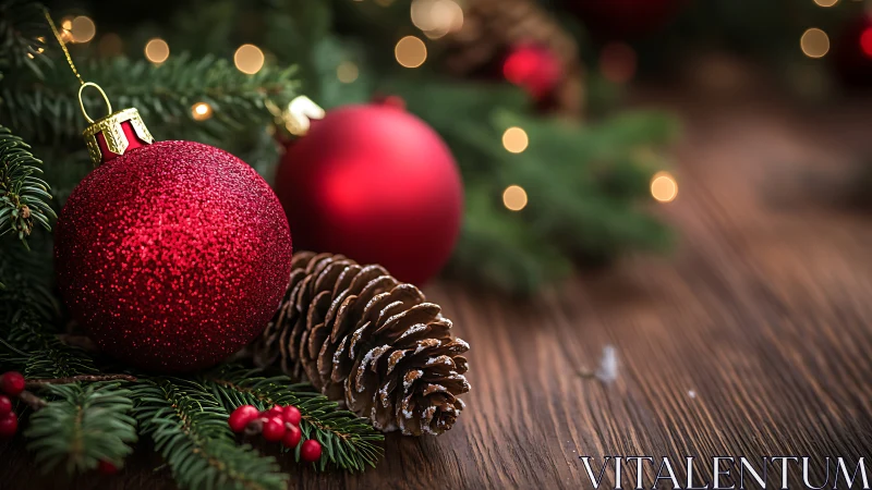 Macro close-up of red glitter bauble with pinecone on wood